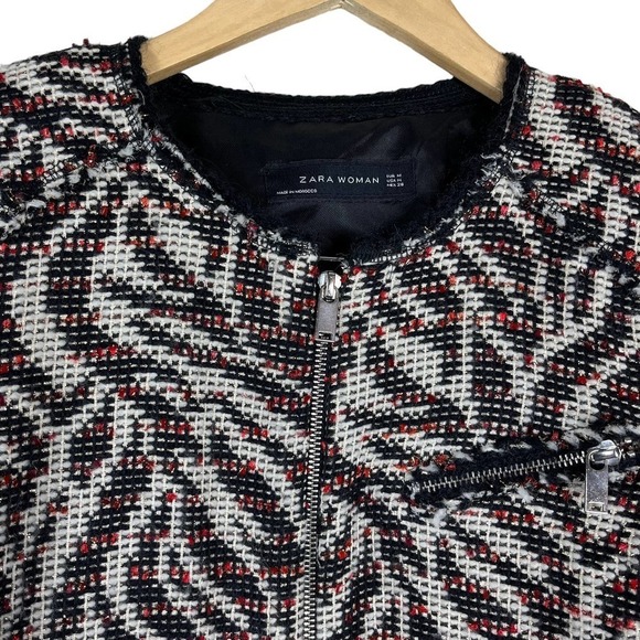 Zara Tweed‎ Blazer Metallic Wool Zebra Print Raw Hem Red Medium - Picture 6 of 13